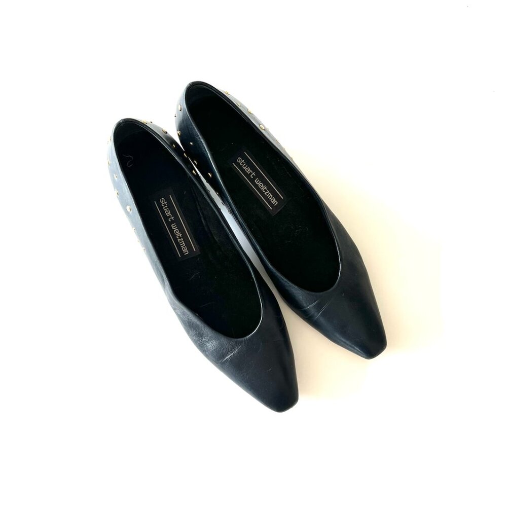 Vintage Stuart Weitzman Black Leather Gold Studded Kitten Heels - Picture 2 of 4